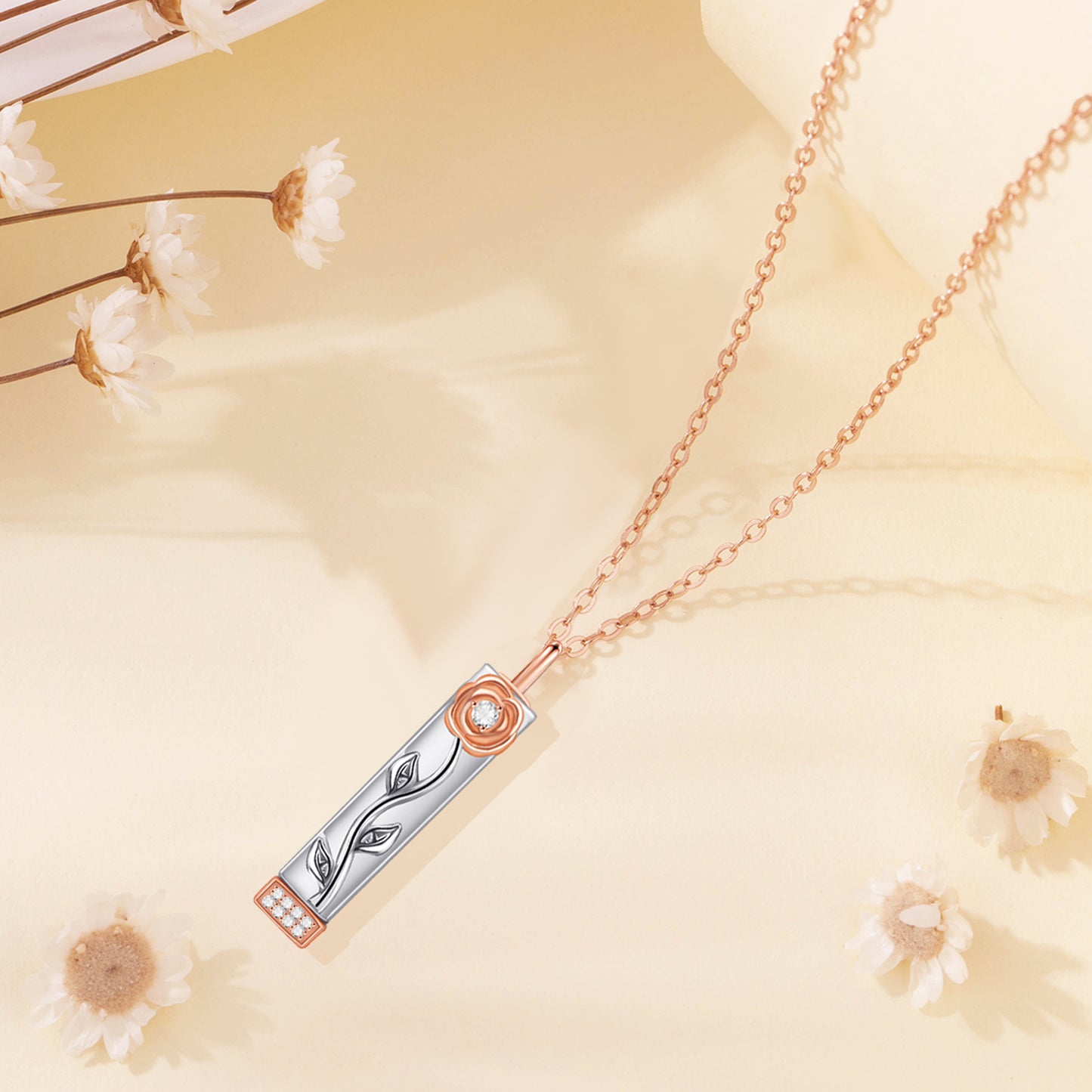 I Love You Necklace Rose Gold Sterling Silver Bar Necklaces for Women with Flower Hidden Message Necklace