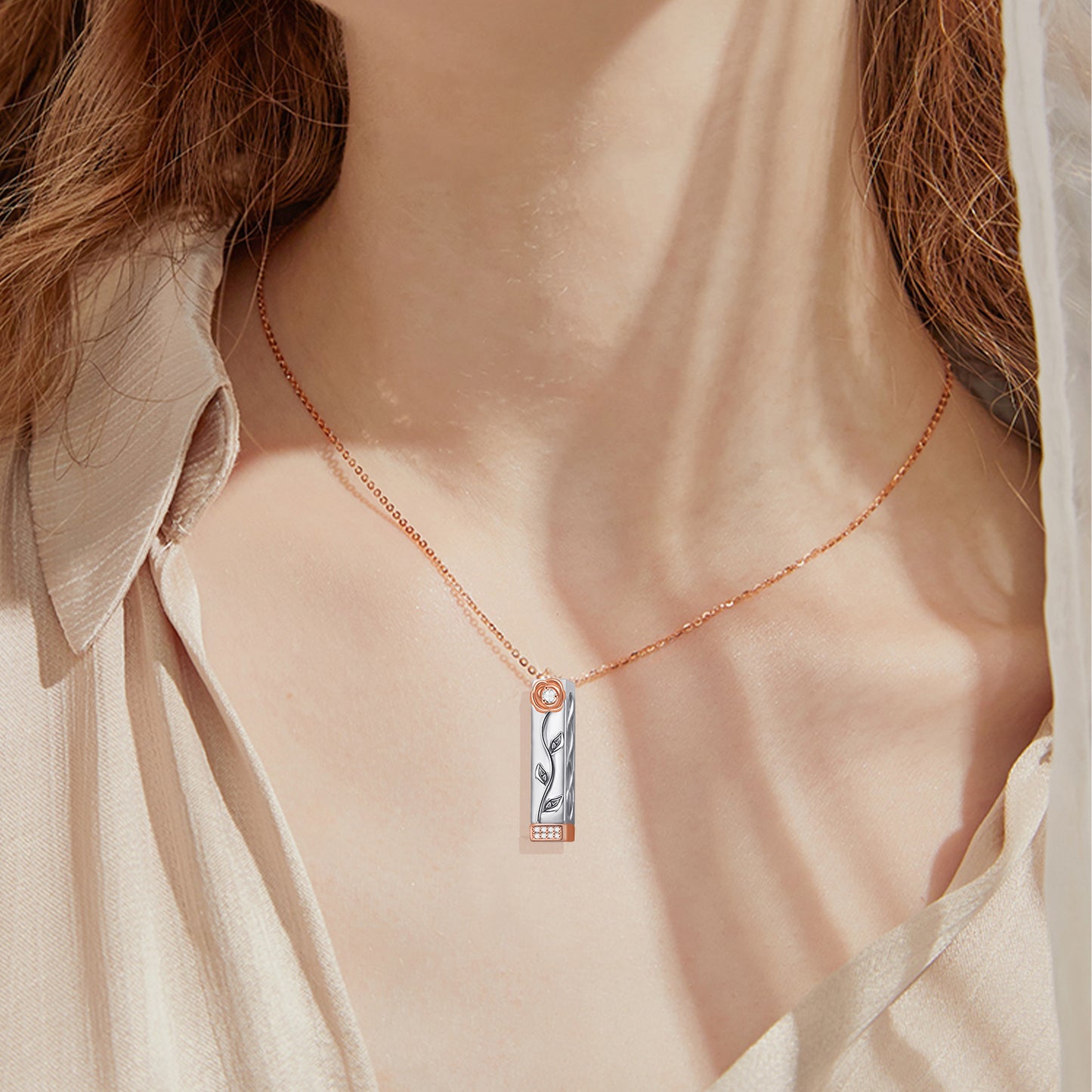 I Love You Necklace Rose Gold Sterling Silver Bar Necklaces for Women with Flower Hidden Message Necklace