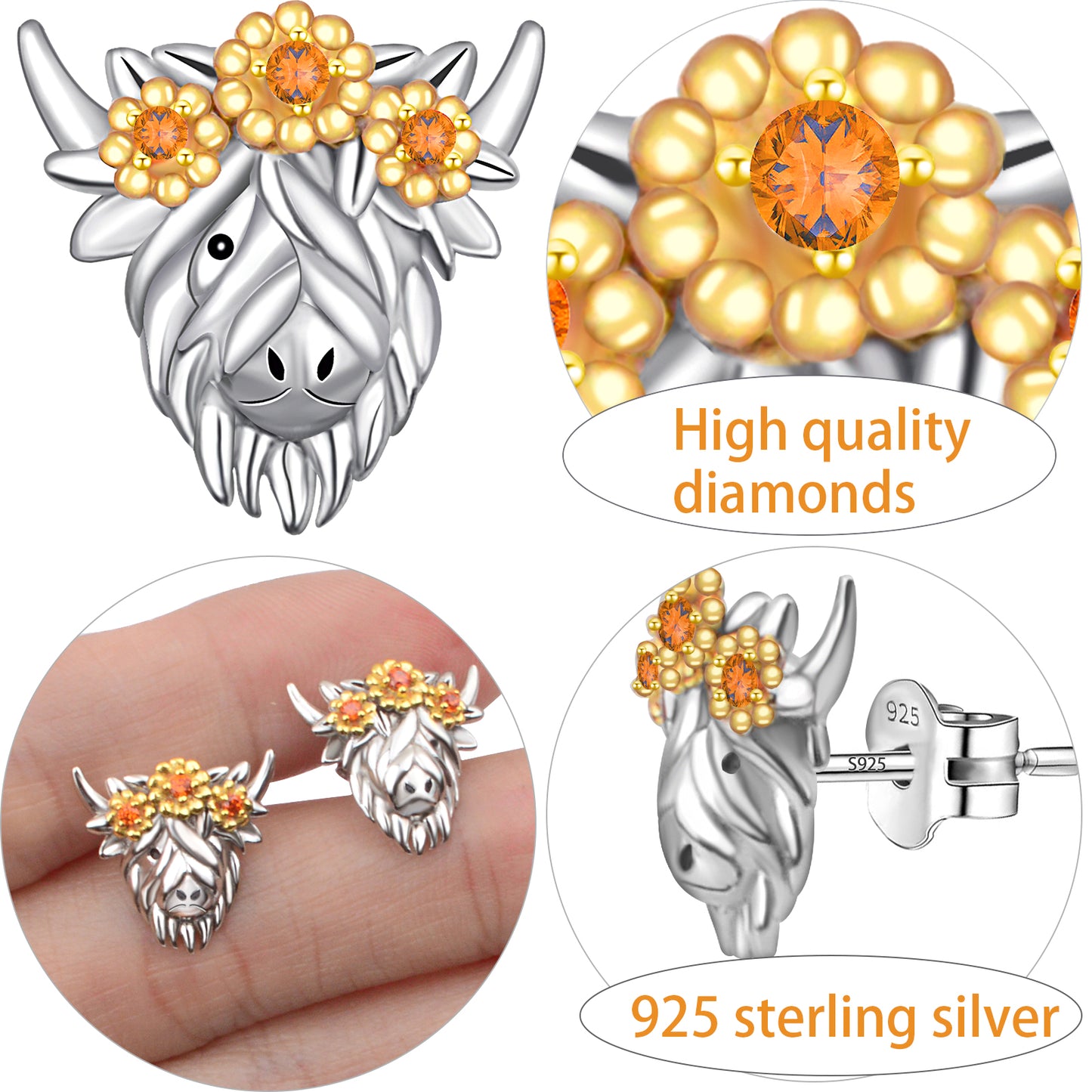 Sterling Silver Highland Cow Stud Earrings For Women Highland Cow Earrings Wearing Flower Garlands For Her Excellent Animal Jewelry Gift For Mom Wife Her