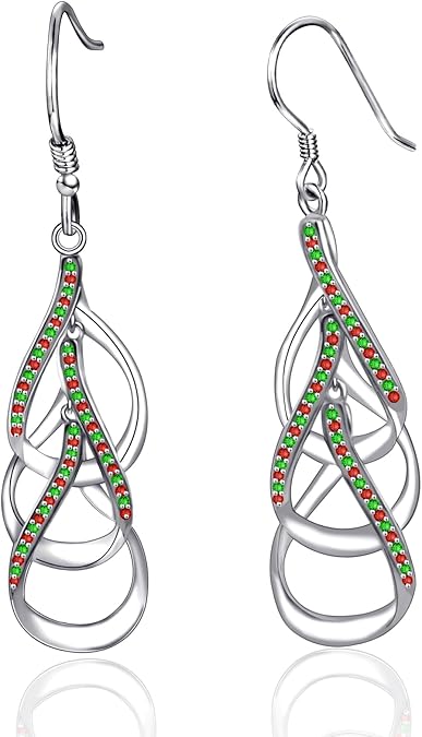 Sterling Silver Earrings for Women Three Layers Dangle Silver Earrings Holiday and Birthday Gifts for Women and Her (Red & Green)