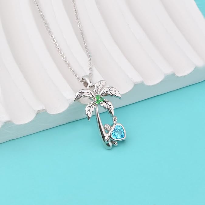 Turtle necklace Sterling Silver Turtle Necklaces for Women Beach Necklace with Sea Turtle Embedded with Birthstone and Coconut Tree for Women Wife Mother Girlfriend