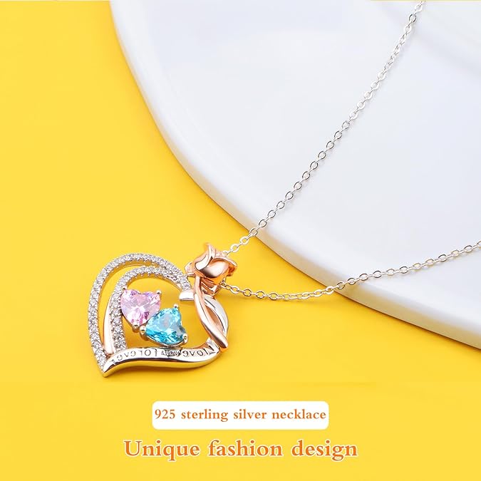 Heart Necklaces for Women Sterling Silver neckalace with 2 Birthstone Women’s Jewelry Diamond Customized Pendant Necklace Ideal Gifts for Women Mom Wife Friend Sister Her