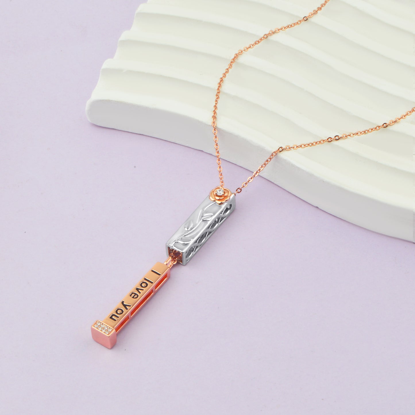 I Love You Necklace Rose Gold Sterling Silver Bar Necklaces for Women with Flower Hidden Message Necklace