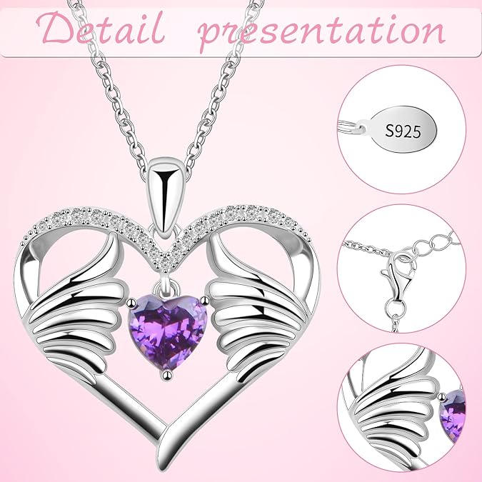 Sterling Silver Necklace for Women Heart Necklace with Angel Wings and Birthstone for Women