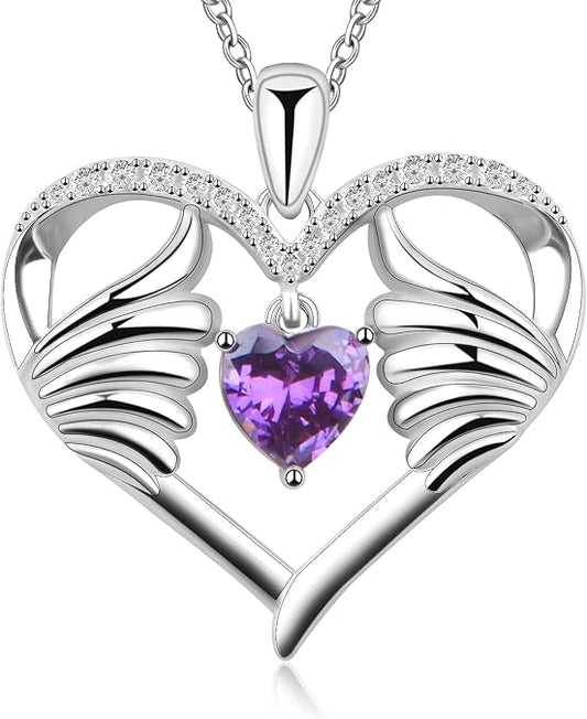 Sterling Silver Necklace for Women Heart Necklace with Angel Wings and Birthstone for Women