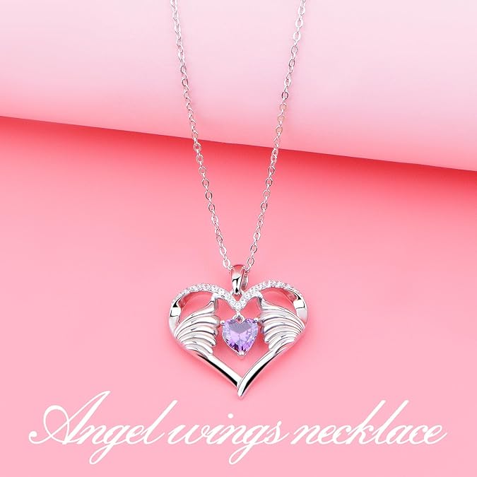 Sterling Silver Necklace for Women Heart Necklace with Angel Wings and Birthstone for Women