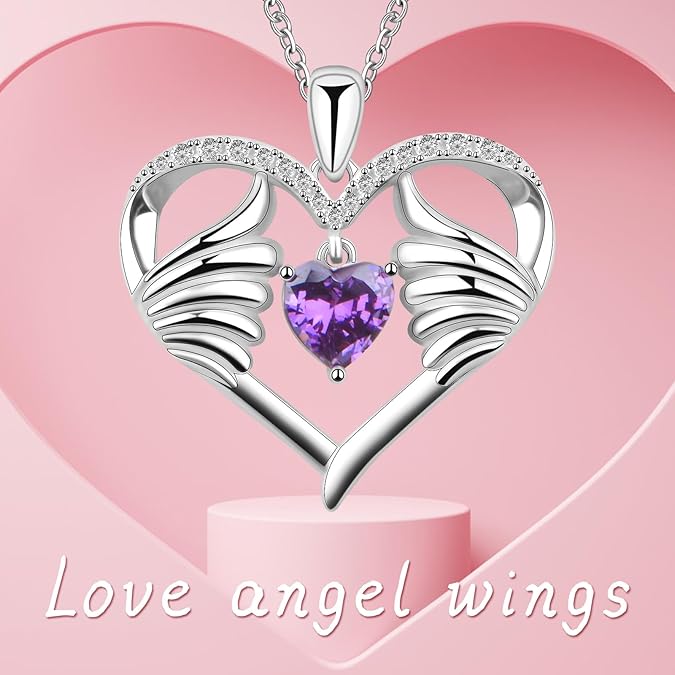 Sterling Silver Necklace for Women Heart Necklace with Angel Wings and Birthstone for Women