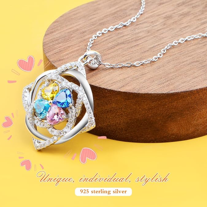 Necklaces for Women Sterling Silver neckalace with 4 Birthstone Women’s Jewelry Diamond Customized Pendant Necklace Ideal Gifts for Women Mom Wife Friend Sister Her