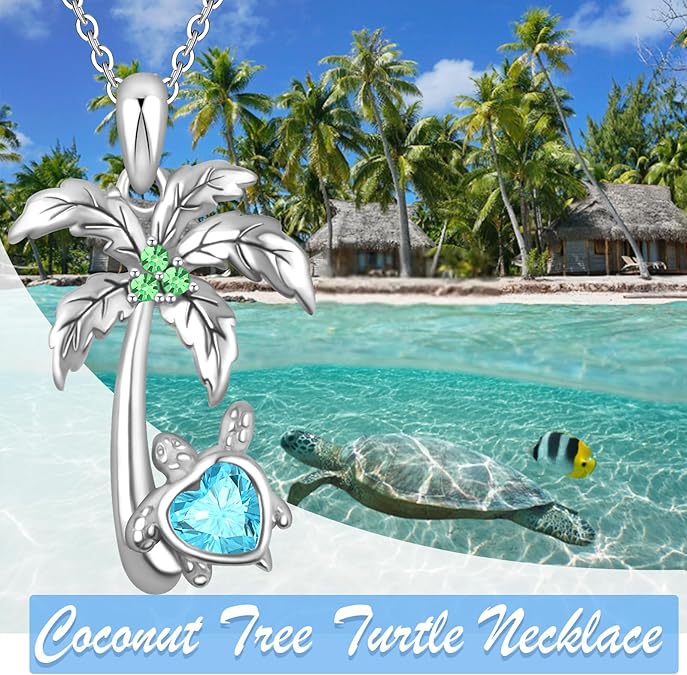 Turtle necklace Sterling Silver Turtle Necklaces for Women Beach Necklace with Sea Turtle Embedded with Birthstone and Coconut Tree for Women Wife Mother Girlfriend