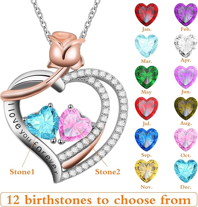 Heart Necklaces for Women Sterling Silver neckalace with 2 Birthstone Women’s Jewelry Diamond Customized Pendant Necklace Ideal Gifts for Women Mom Wife Friend Sister Her