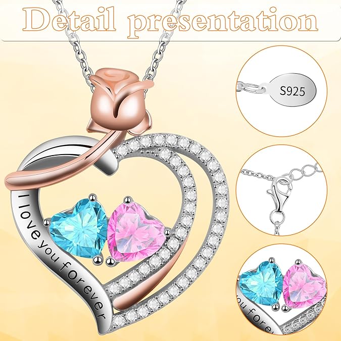 Heart Necklaces for Women Sterling Silver neckalace with 2 Birthstone Women’s Jewelry Diamond Customized Pendant Necklace Ideal Gifts for Women Mom Wife Friend Sister Her