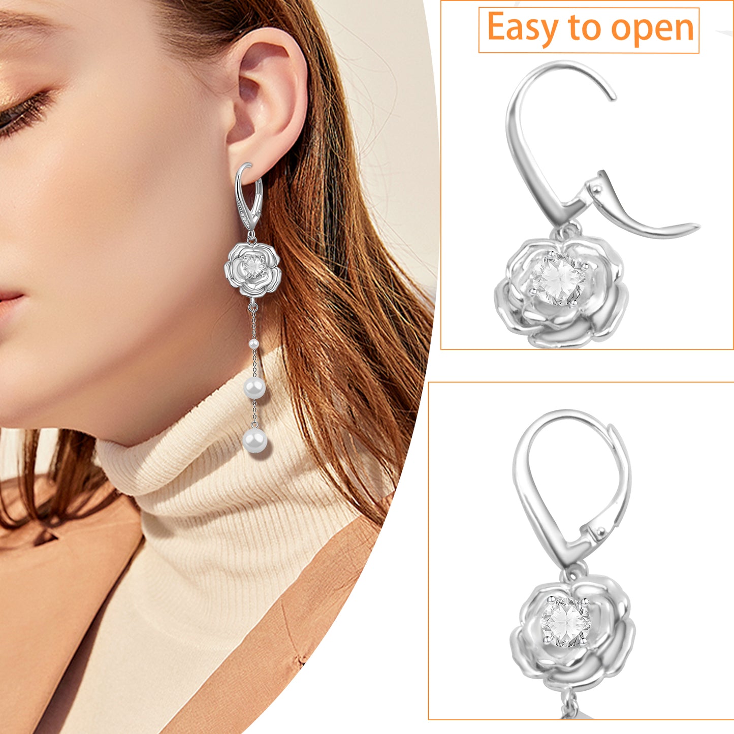 Sterling Silver Earrings for Women Flower & Pearls Pendant Silver Earrings Holiday and Birthday Gifts for Women and Her