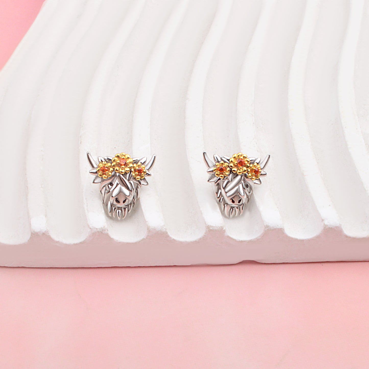 Sterling Silver Highland Cow Stud Earrings For Women Highland Cow Earrings Wearing Flower Garlands For Her Excellent Animal Jewelry Gift For Mom Wife Her