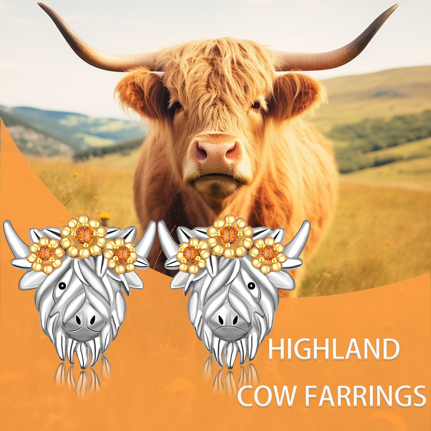 Sterling Silver Highland Cow Stud Earrings For Women Highland Cow Earrings Wearing Flower Garlands For Her Excellent Animal Jewelry Gift For Mom Wife Her