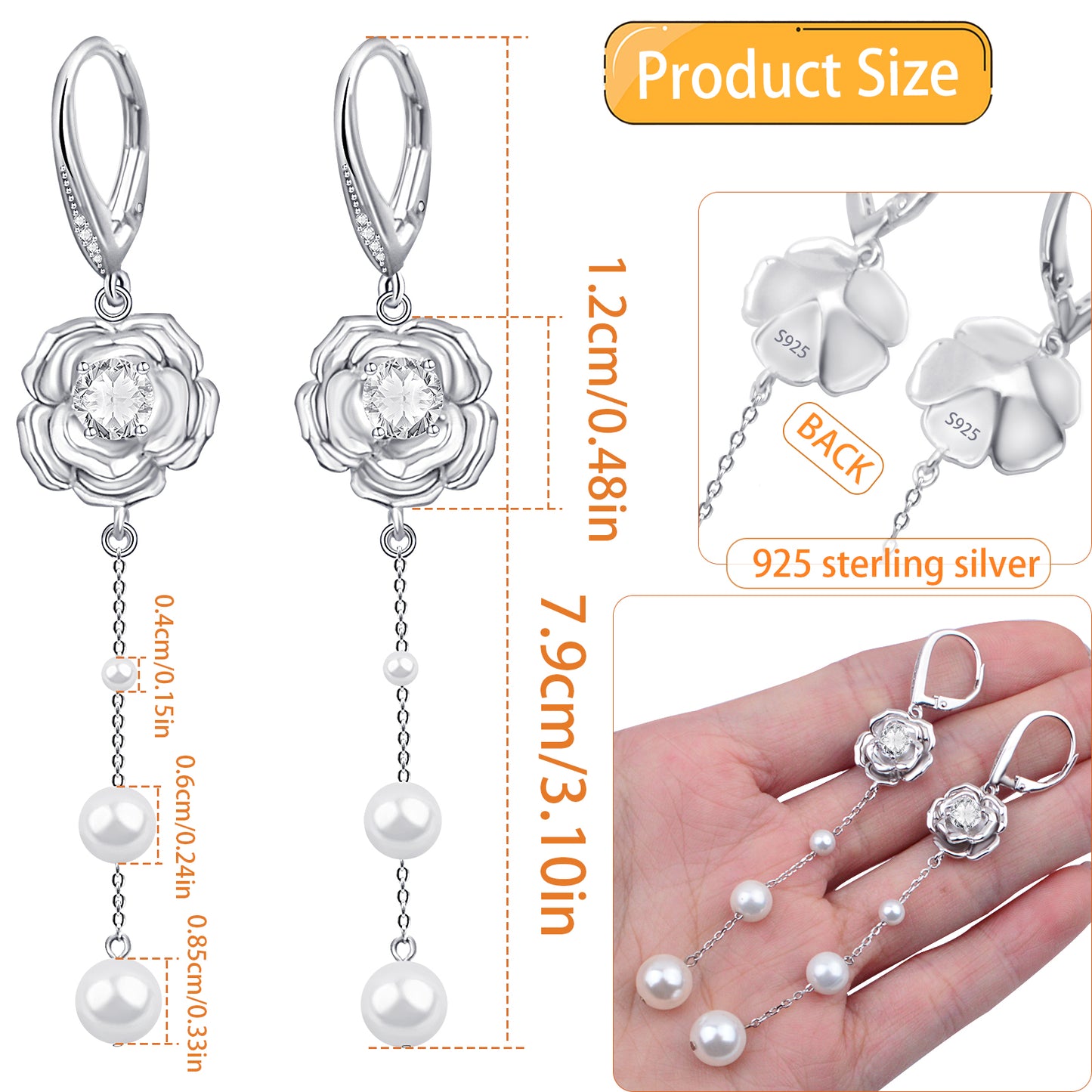 Sterling Silver Earrings for Women Flower & Pearls Pendant Silver Earrings Holiday and Birthday Gifts for Women and Her